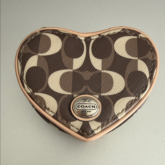 Coach Handbags - Coach Heart-Shaped Signature Brown and Tan Coin Pouch EUC